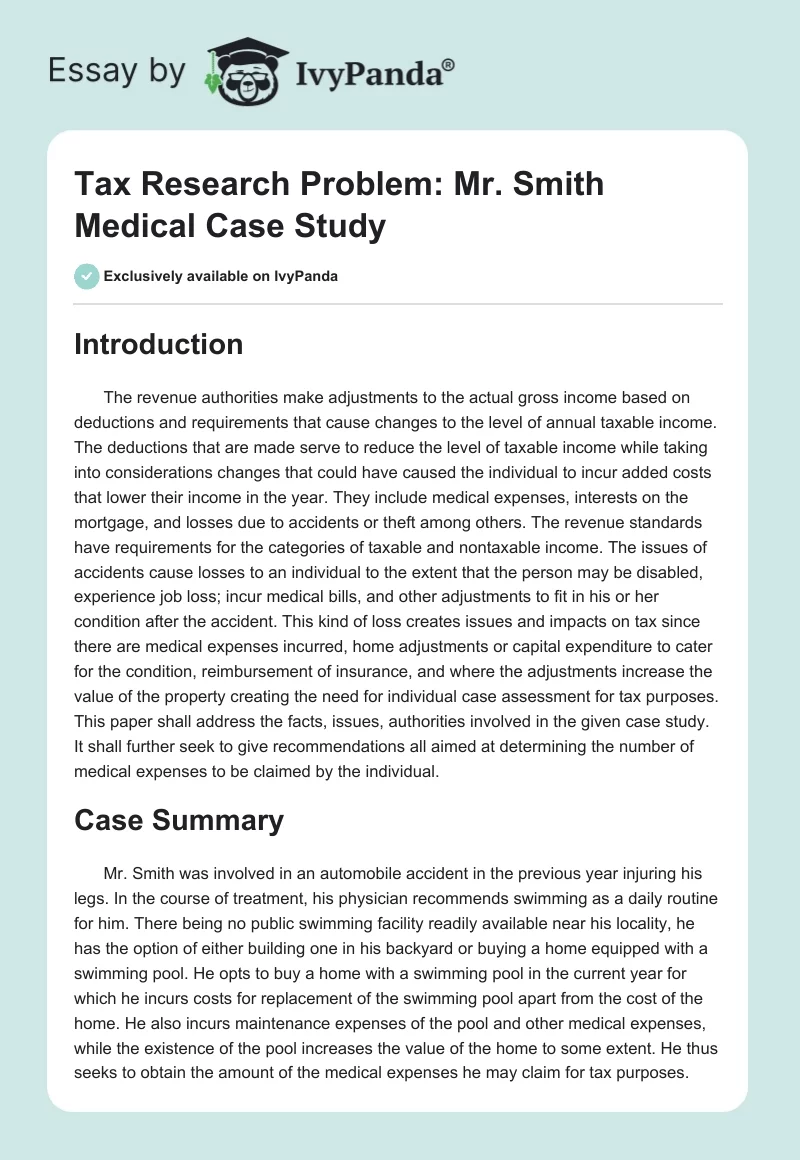 Tax Research Problem: Mr. Smith Medical Case Study. Page 1