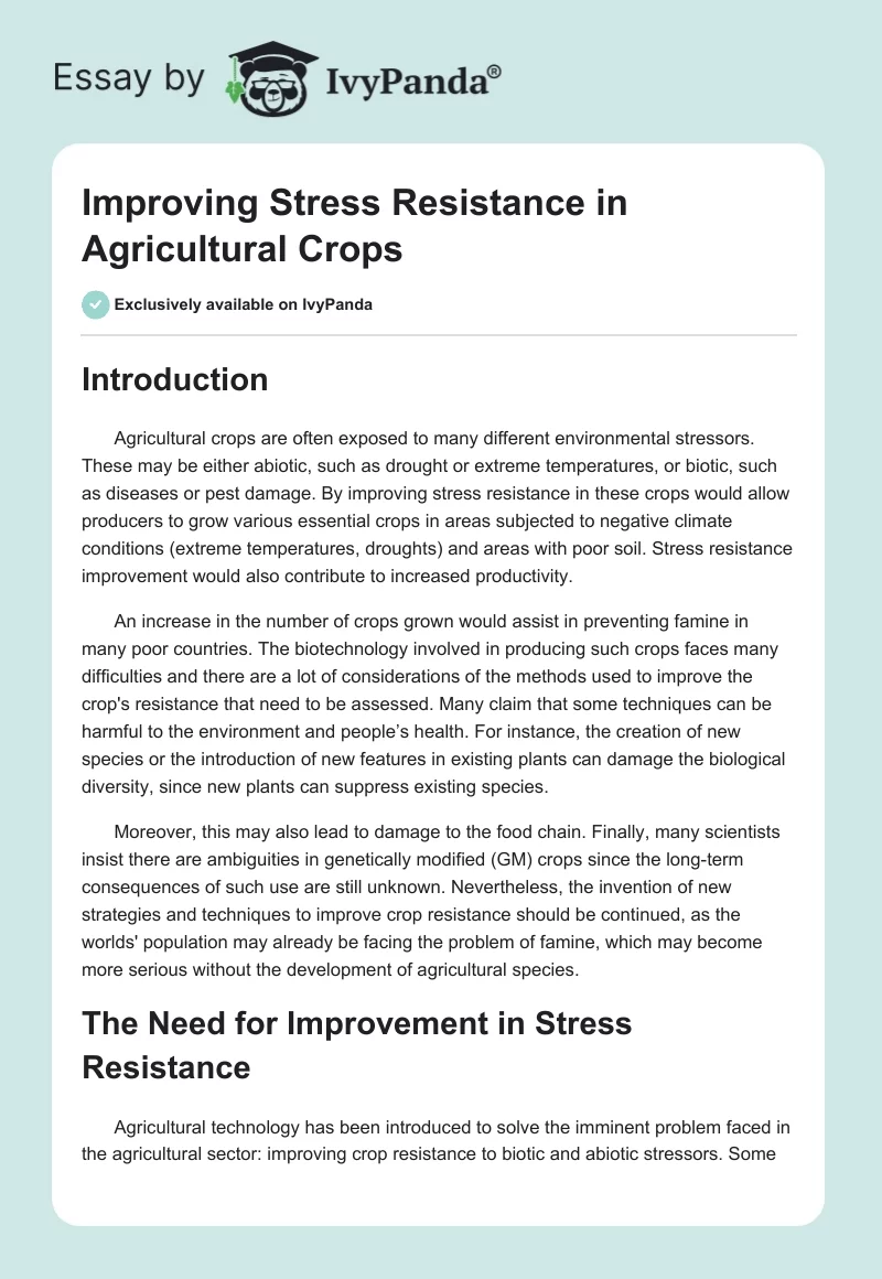 Improving Stress Resistance in Agricultural Crops. Page 1