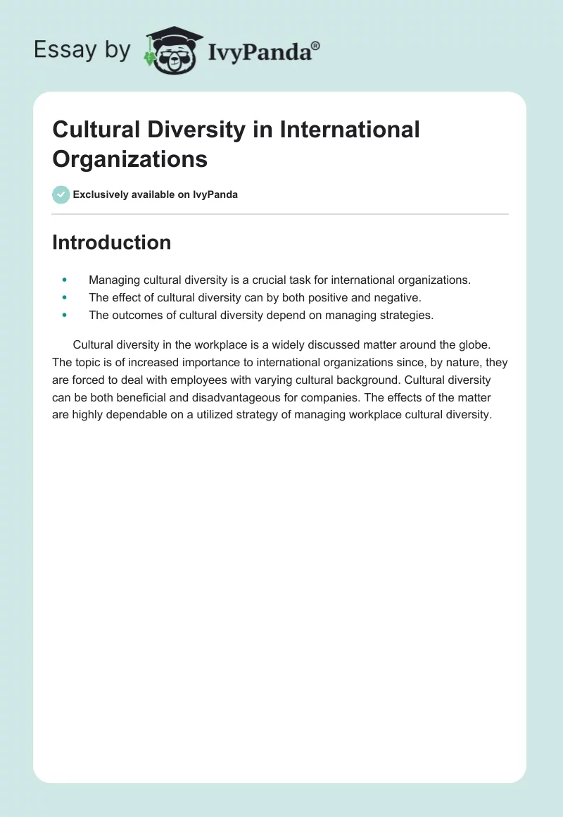 Cultural Diversity in International Organizations. Page 1