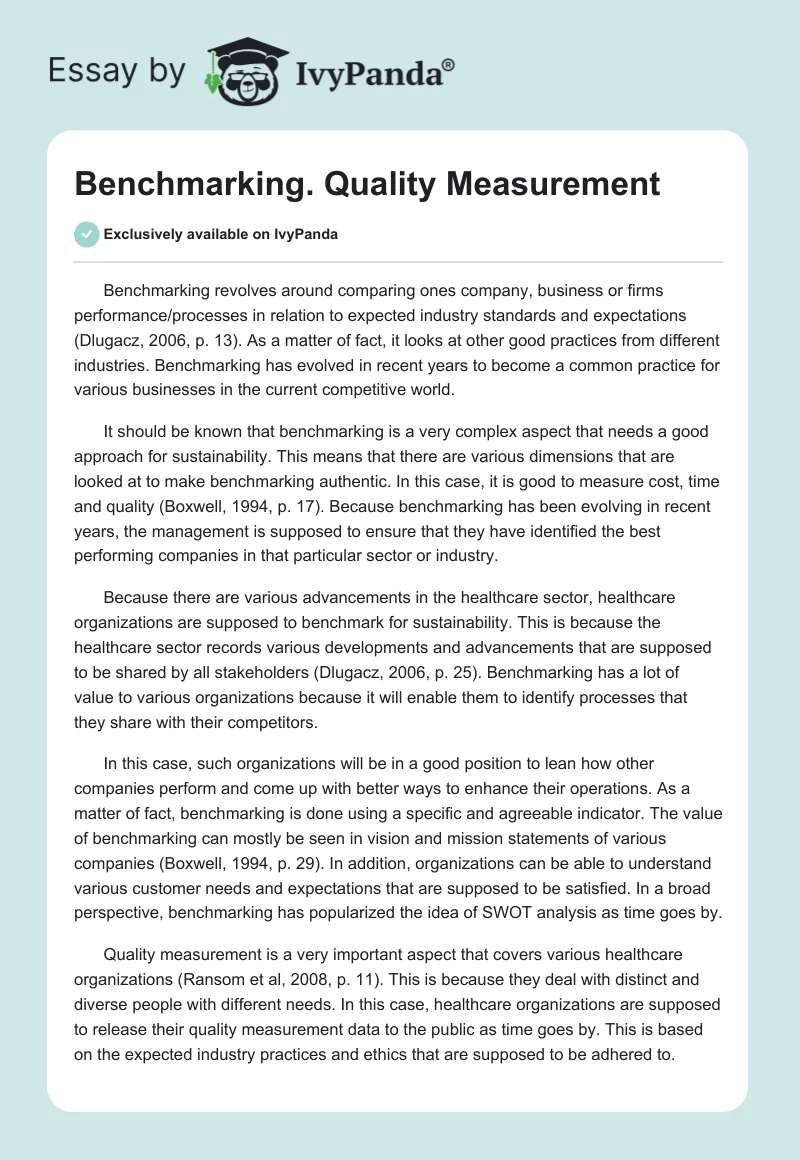 Benchmarking. Quality Measurement. Page 1