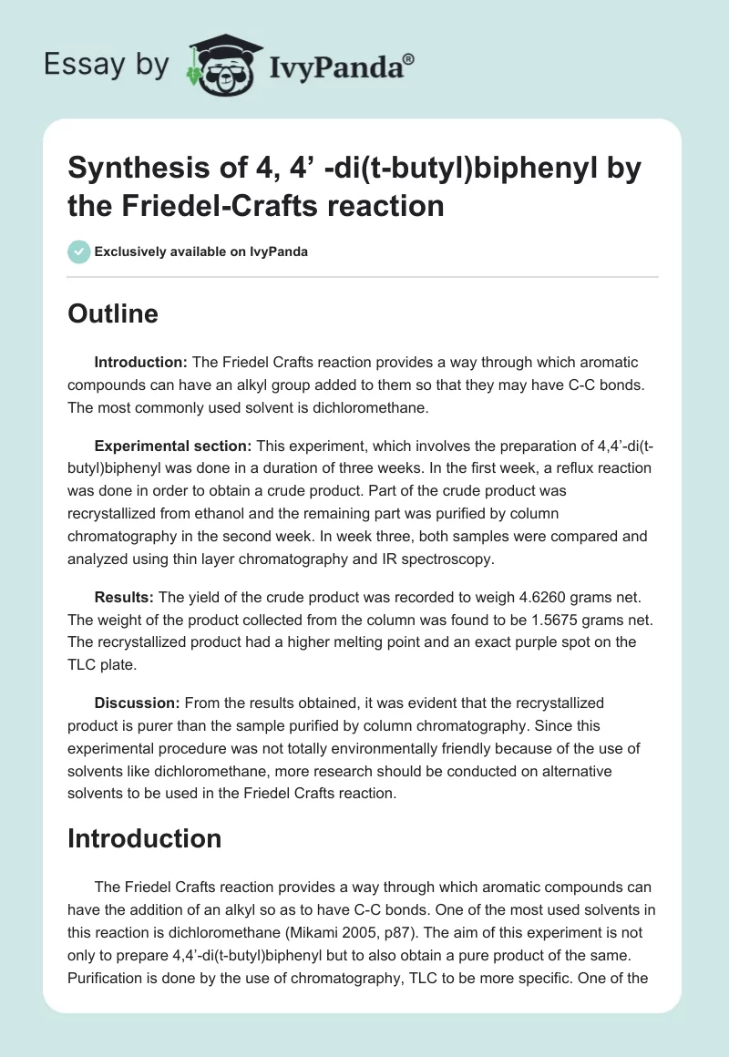 Synthesis of 4, 4’ -di(t-butyl)biphenyl by the Friedel-Crafts reaction. Page 1
