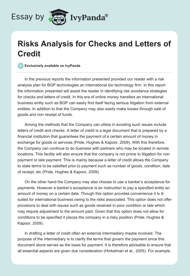 Risks Analysis for Checks and Letters of Credit. Page 1