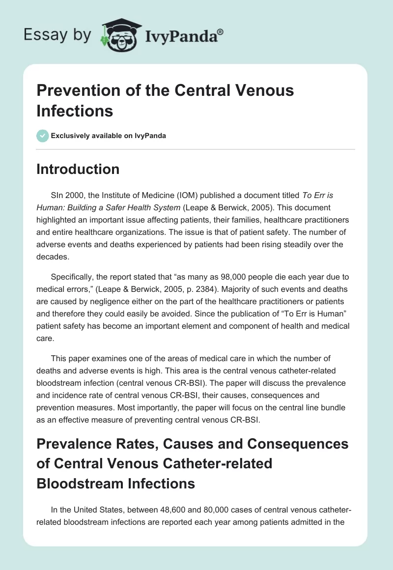 Prevention of the Central Venous Infections. Page 1