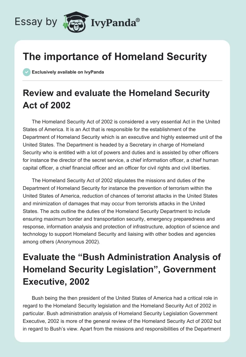 The importance of Homeland Security. Page 1