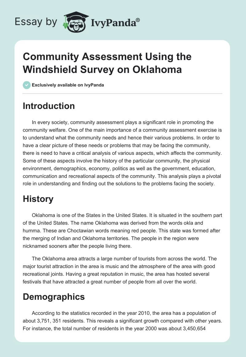Community Assessment Using the Windshield Survey on Oklahoma. Page 1