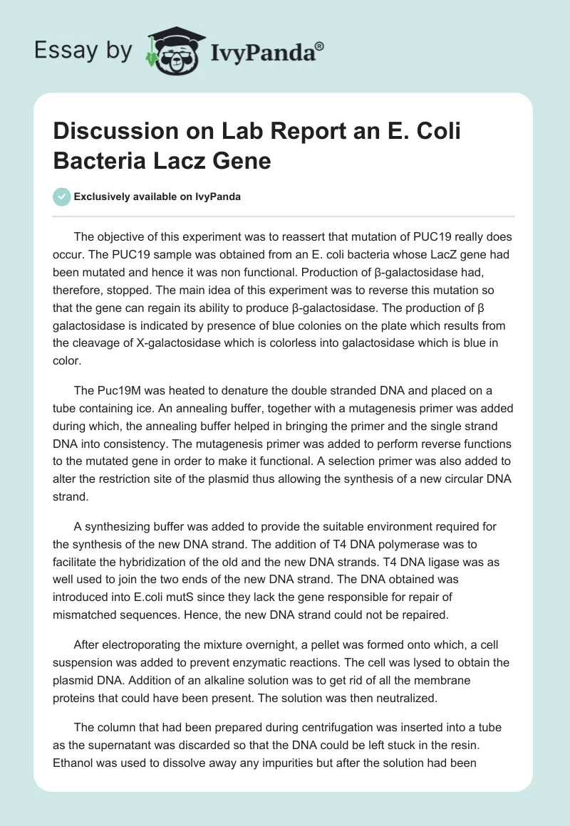 Discussion on Lab Report an E. Coli Bacteria Lacz Gene. Page 1