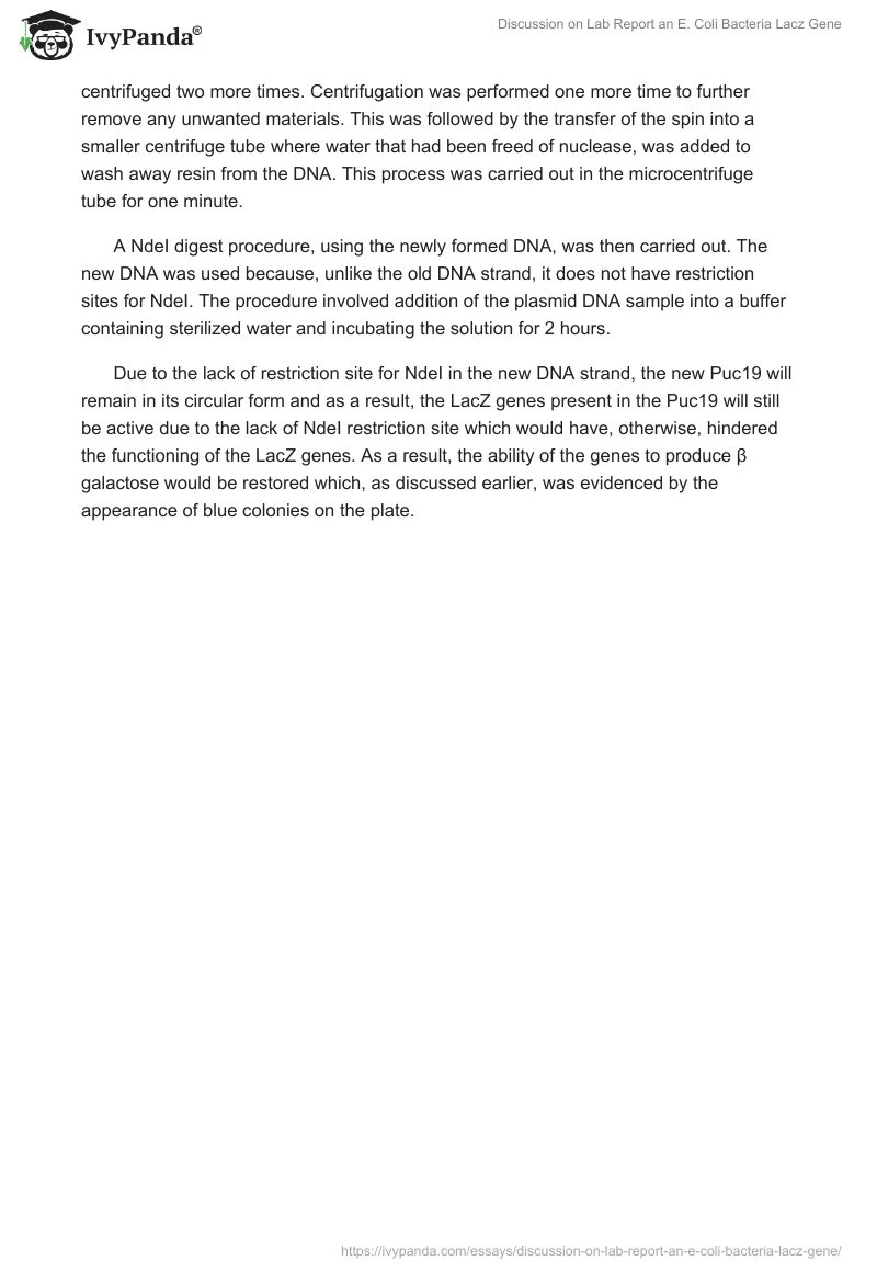 Discussion on Lab Report an E. Coli Bacteria Lacz Gene. Page 2
