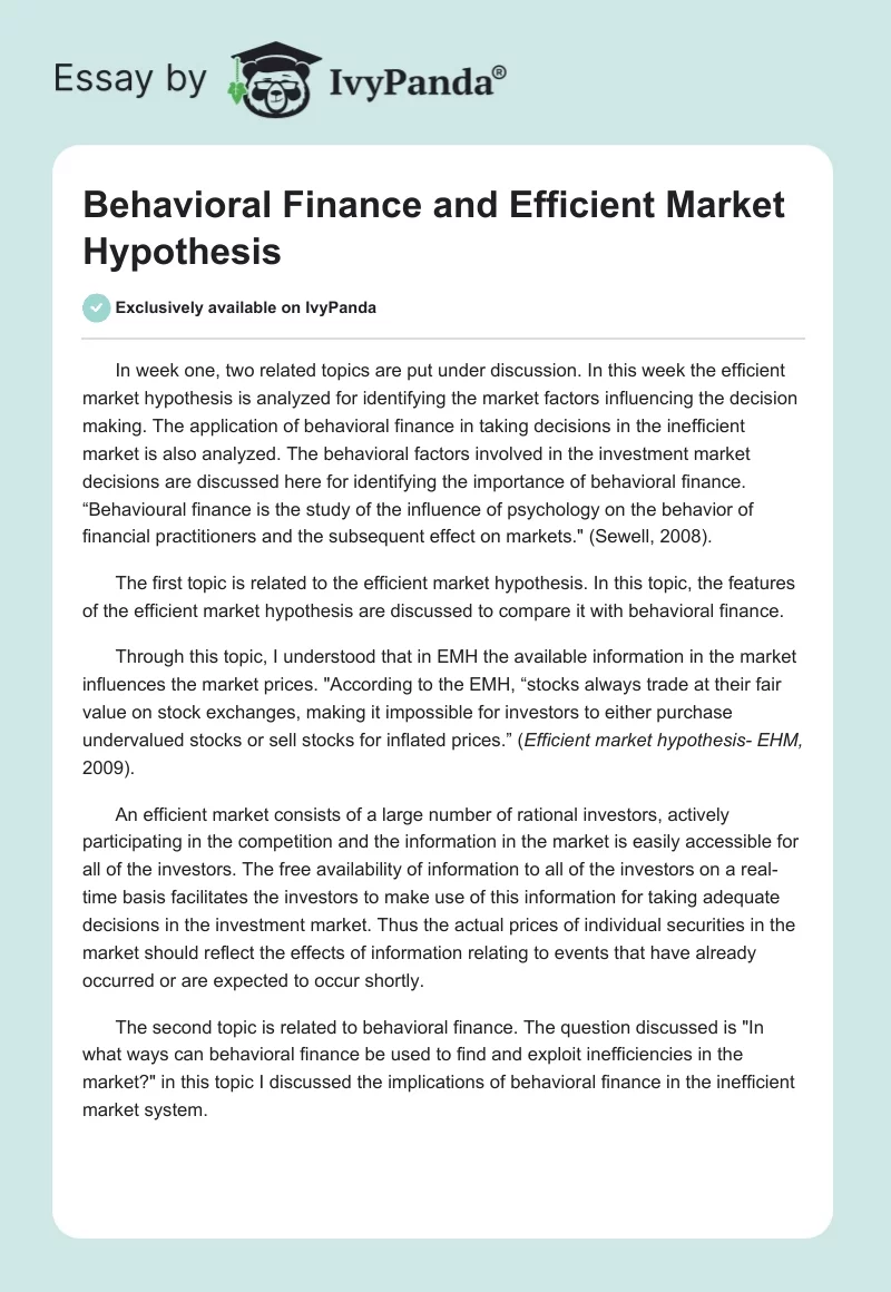 Behavioral Finance and Efficient Market Hypothesis. Page 1