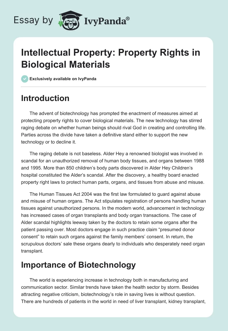 Intellectual Property: Property Rights in Biological Materials. Page 1
