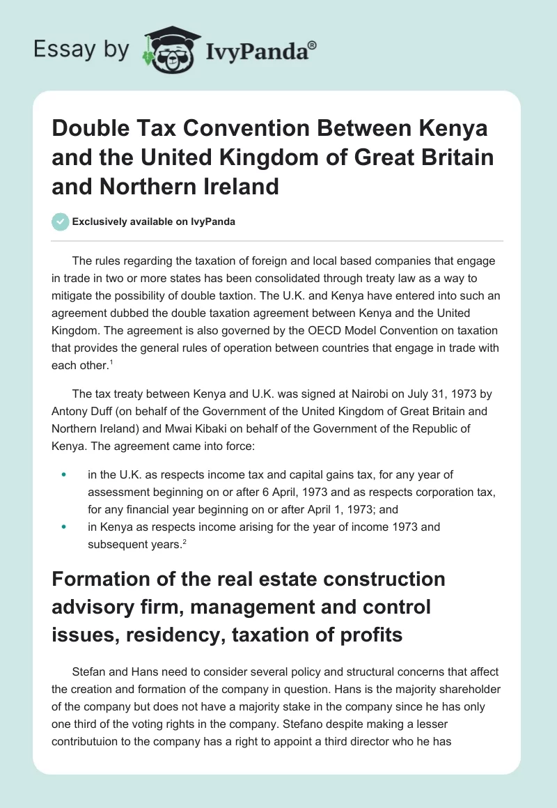 Double Tax Convention Between Kenya and the United Kingdom of Great Britain and Northern Ireland. Page 1