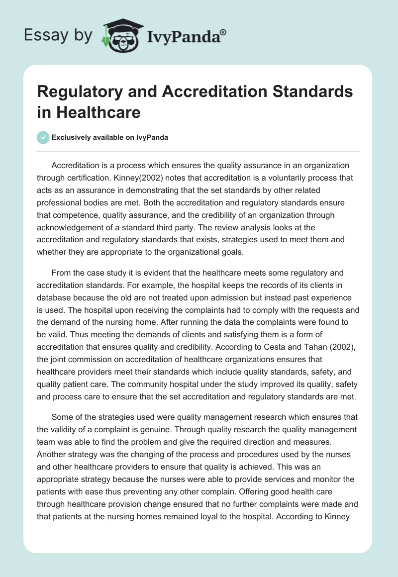 Regulatory and Accreditation Standards in Healthcare. Page 1