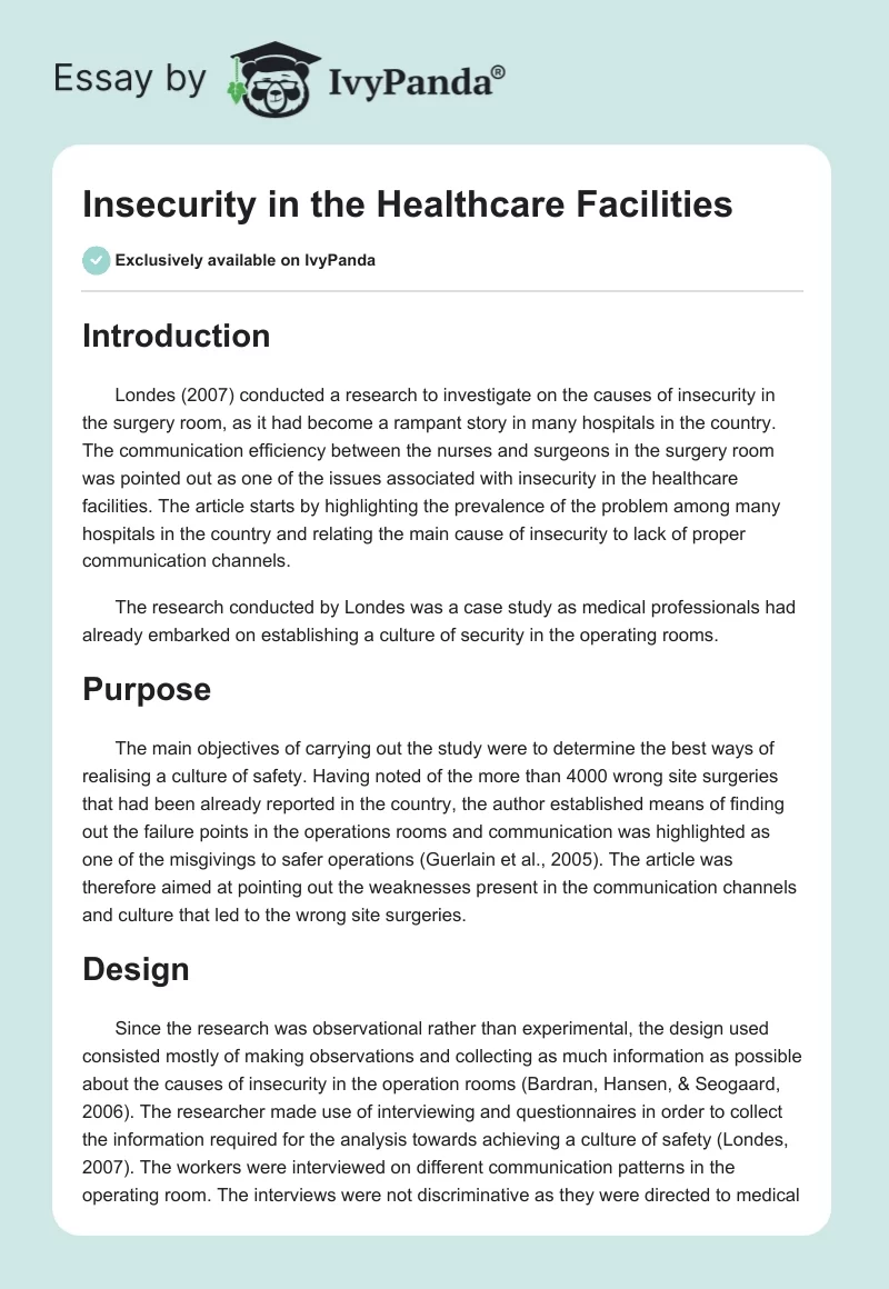 Insecurity in the Healthcare Facilities. Page 1