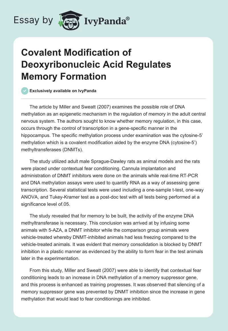 Covalent Modification of Deoxyribonucleic Acid Regulates Memory Formation. Page 1