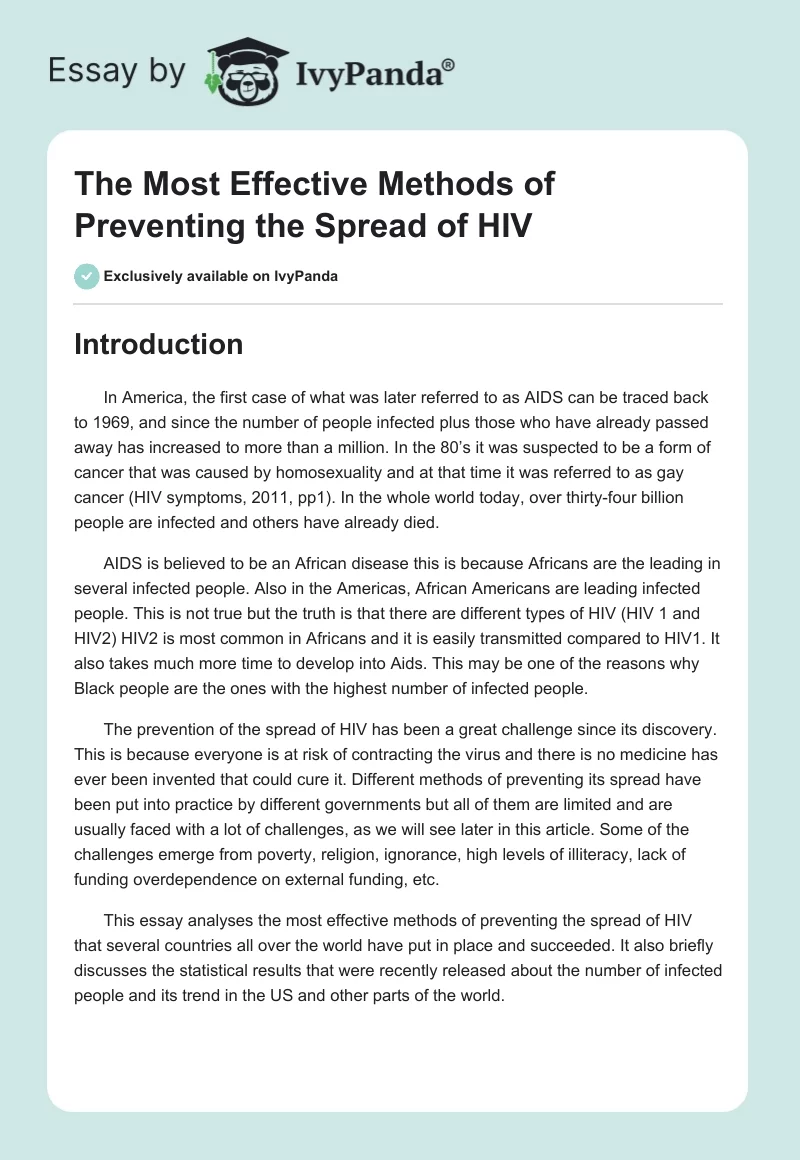 The Most Effective Methods of Preventing the Spread of HIV. Page 1