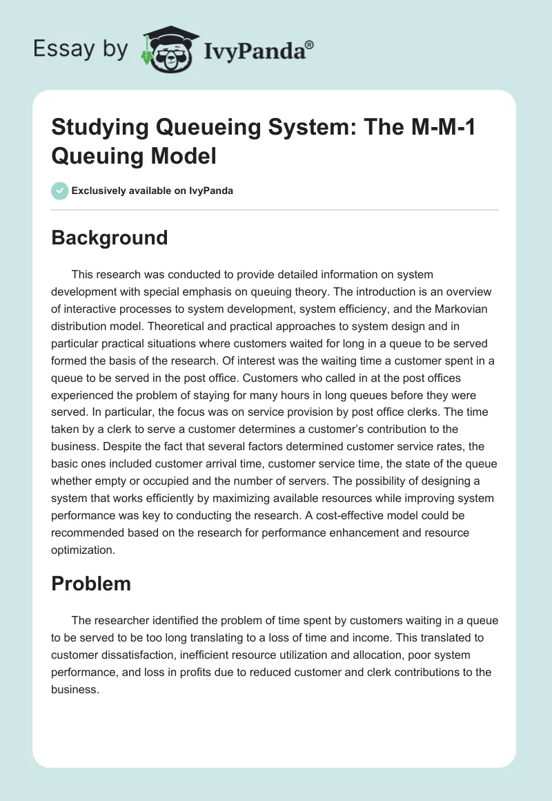 Studying Queueing System: The M-M-1 Queuing Model. Page 1