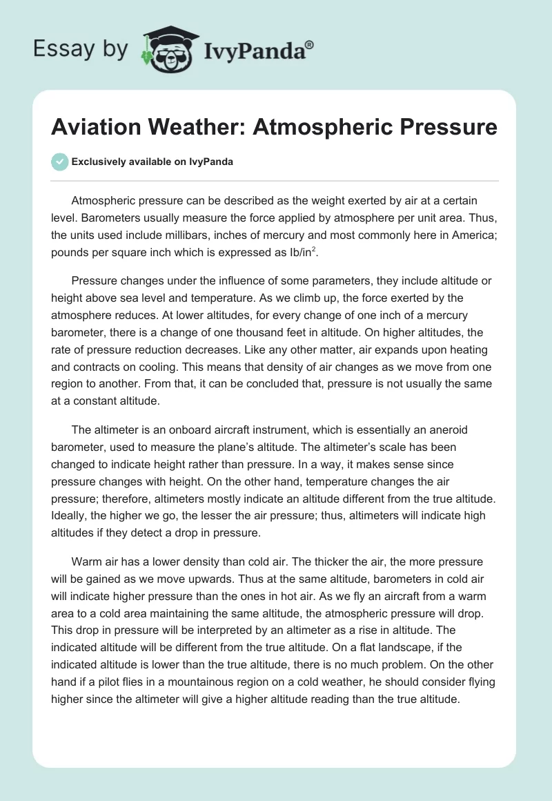 Aviation Weather: Atmospheric Pressure. Page 1