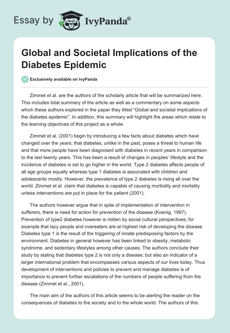 Global and Societal Implications of the Diabetes Epidemic. Page 1