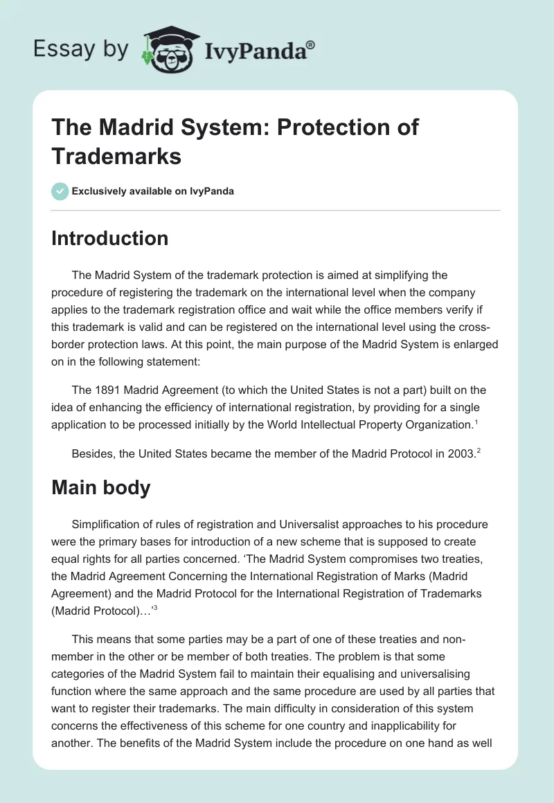 The Madrid System: Protection of Trademarks. Page 1