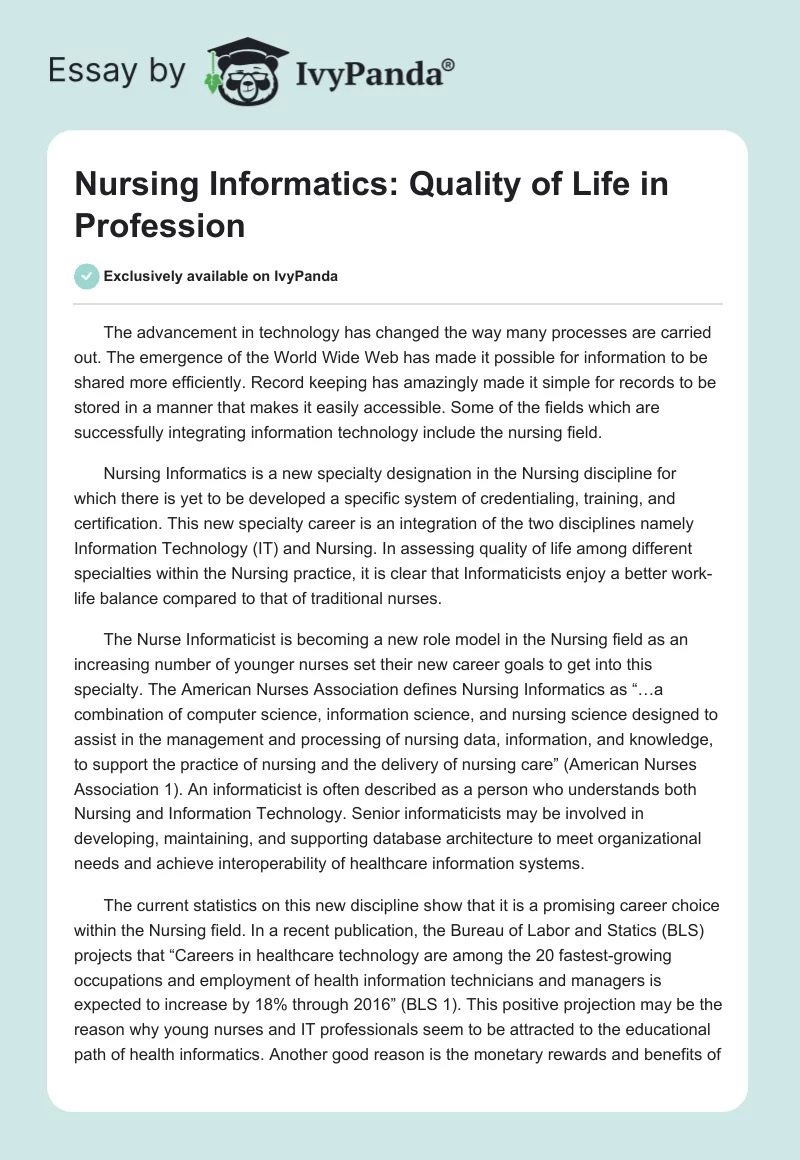 Nursing Informatics: Quality of Life in Profession. Page 1