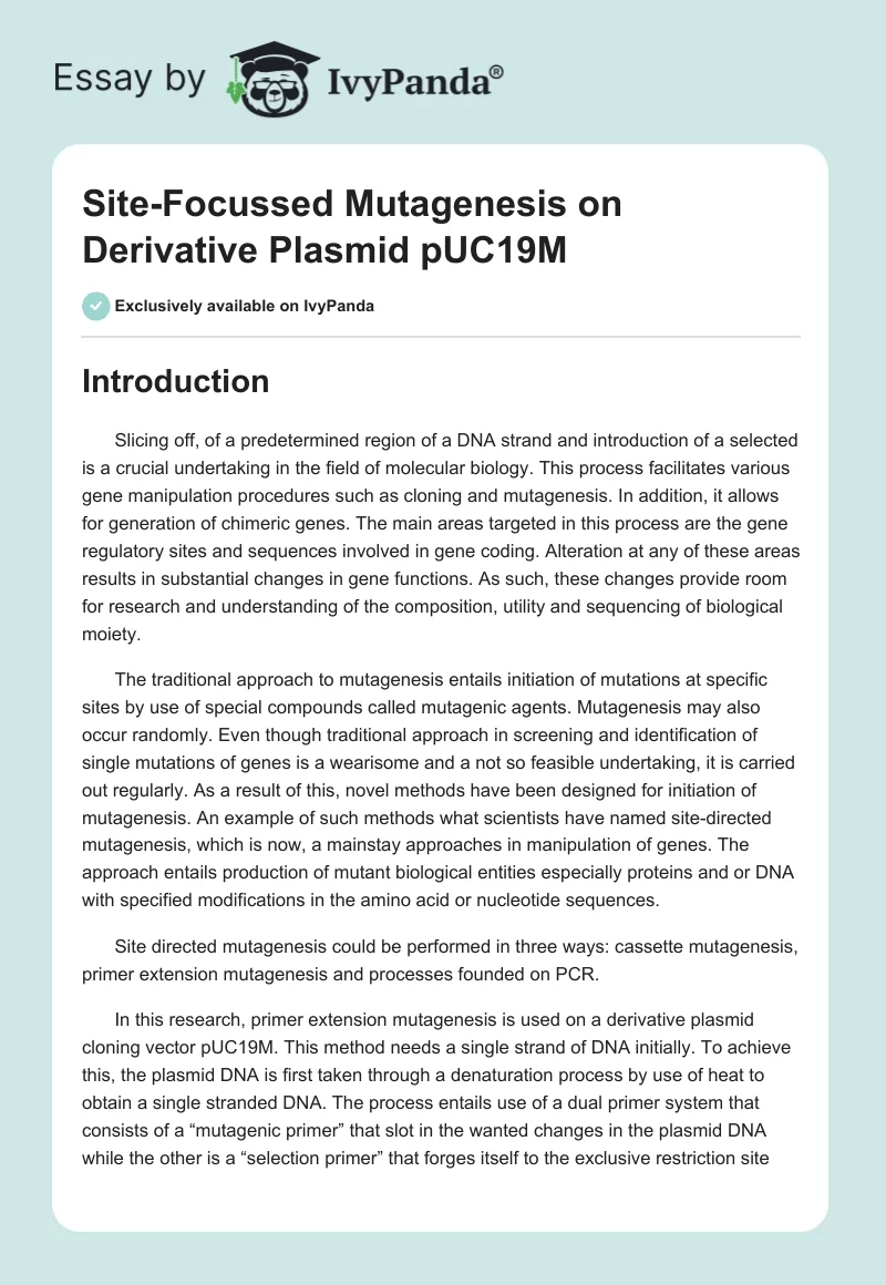 Site-Focussed Mutagenesis on Derivative Plasmid pUC19M. Page 1