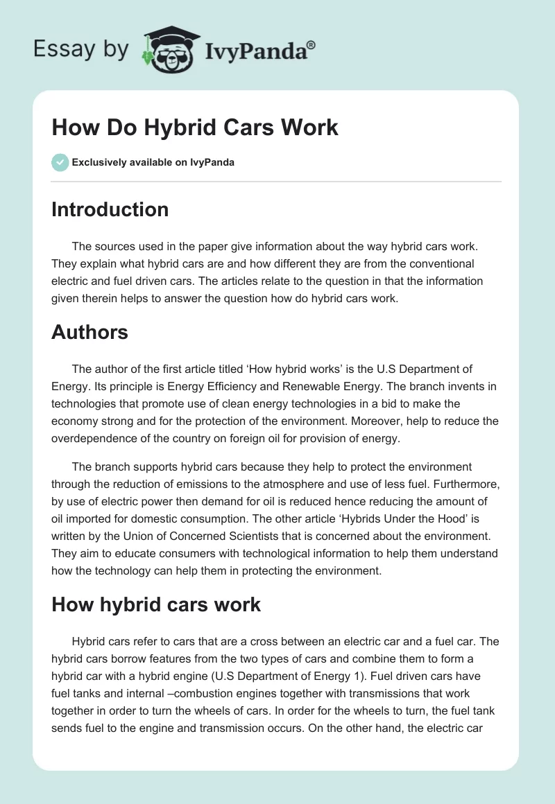 How Do Hybrid Cars Work. Page 1