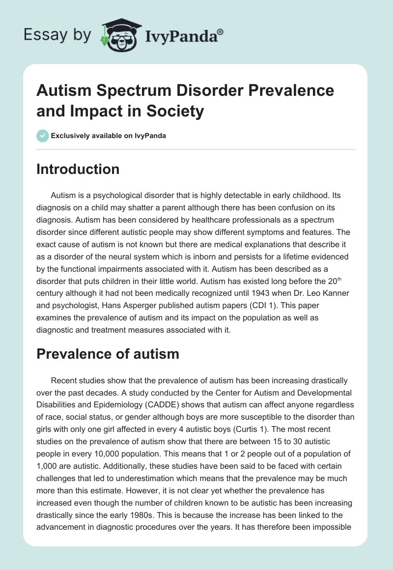 Autism Spectrum Disorder Prevalence and Impact in Society. Page 1