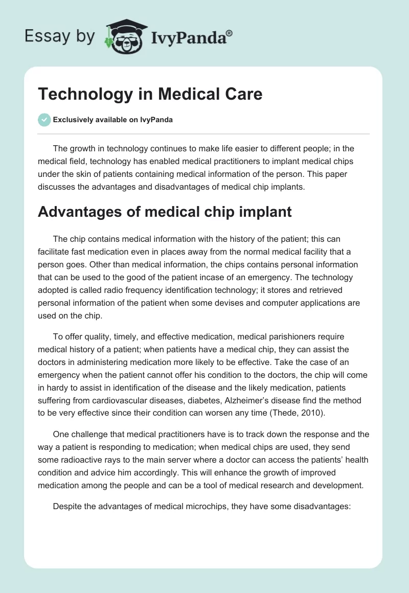 Technology in Medical Care. Page 1