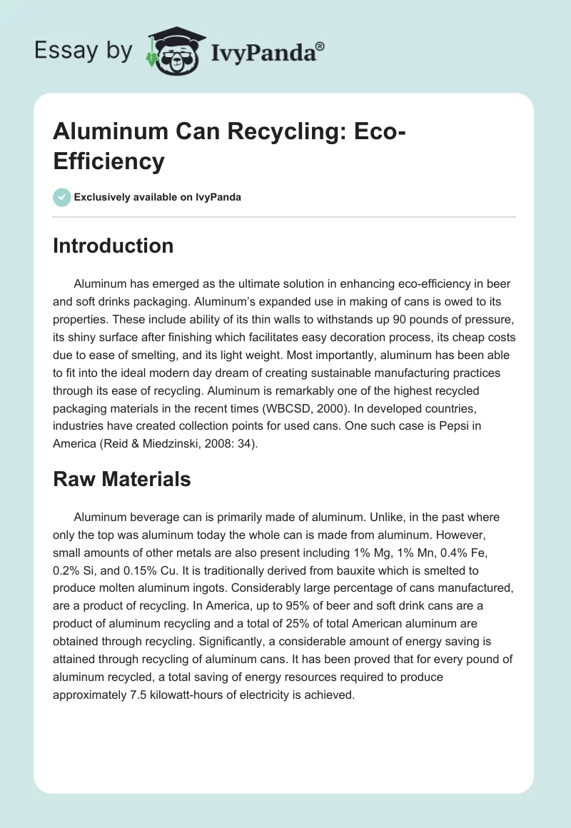 Aluminum Can Recycling: Eco-Efficiency. Page 1