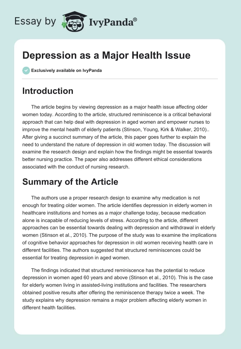 Depression as a Major Health Issue. Page 1