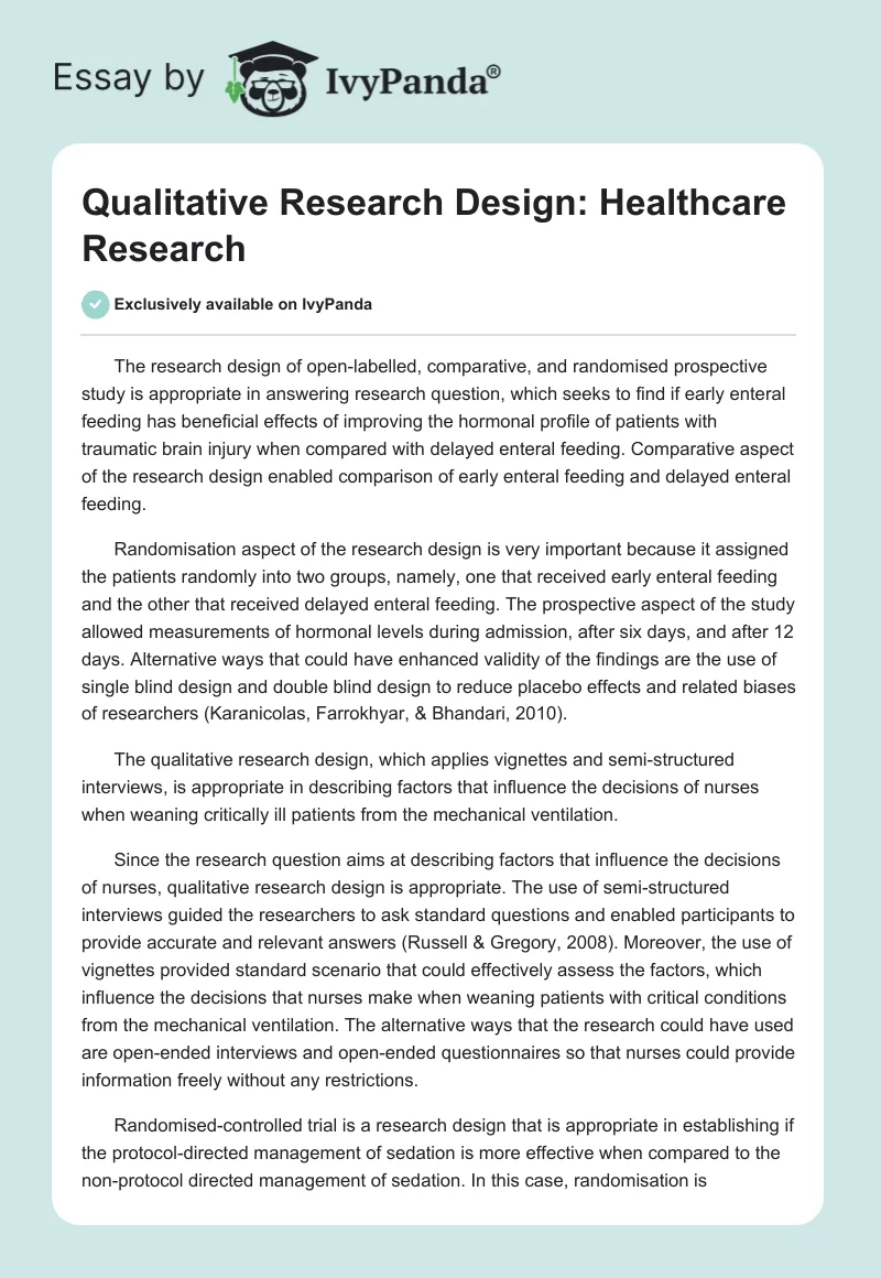 Qualitative Research Design: Healthcare Research. Page 1