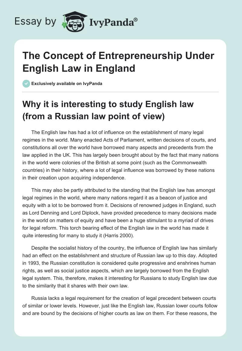 The Concept of Entrepreneurship Under English Law in England. Page 1