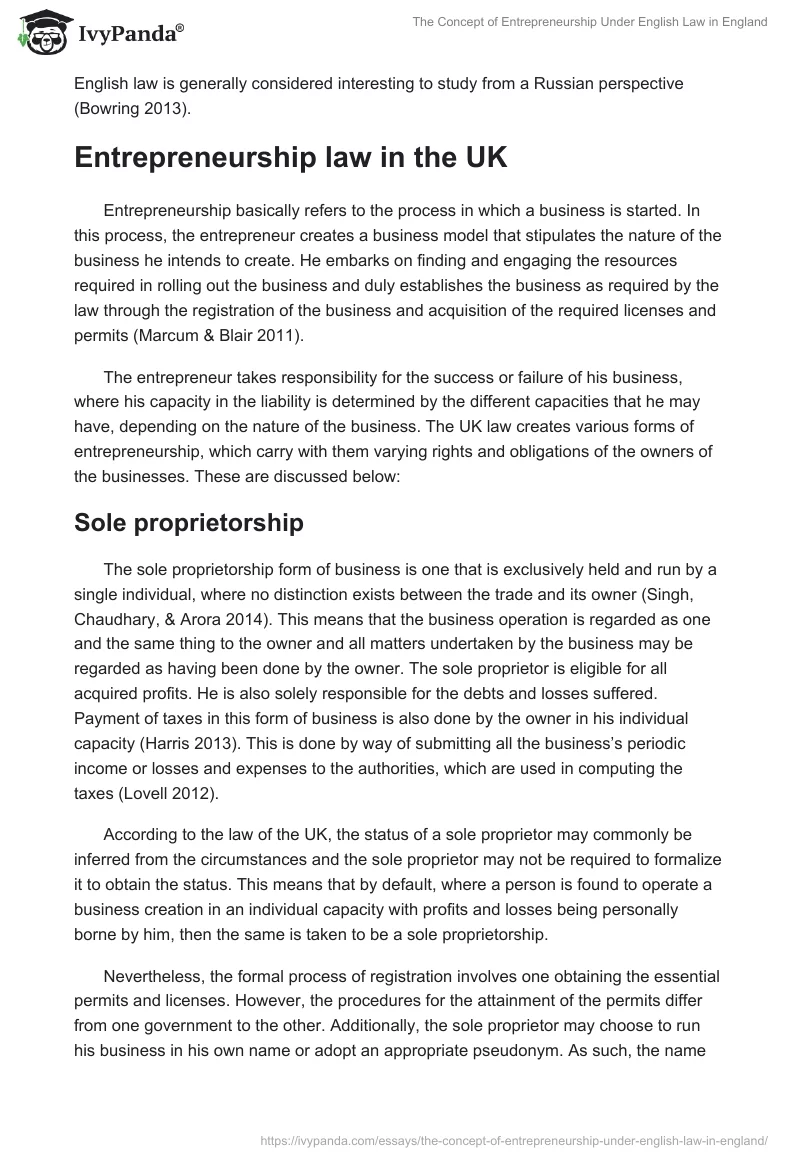 The Concept of Entrepreneurship Under English Law in England. Page 2