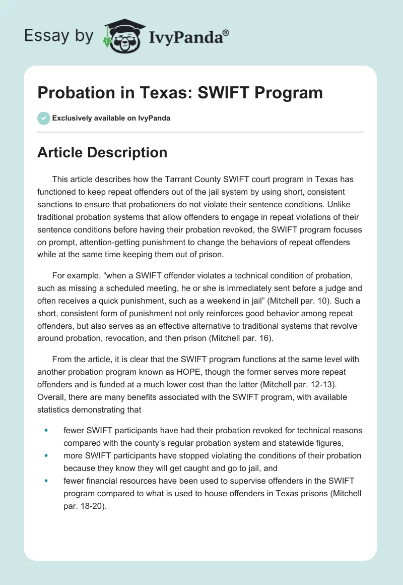 Probation in Texas: SWIFT Program. Page 1
