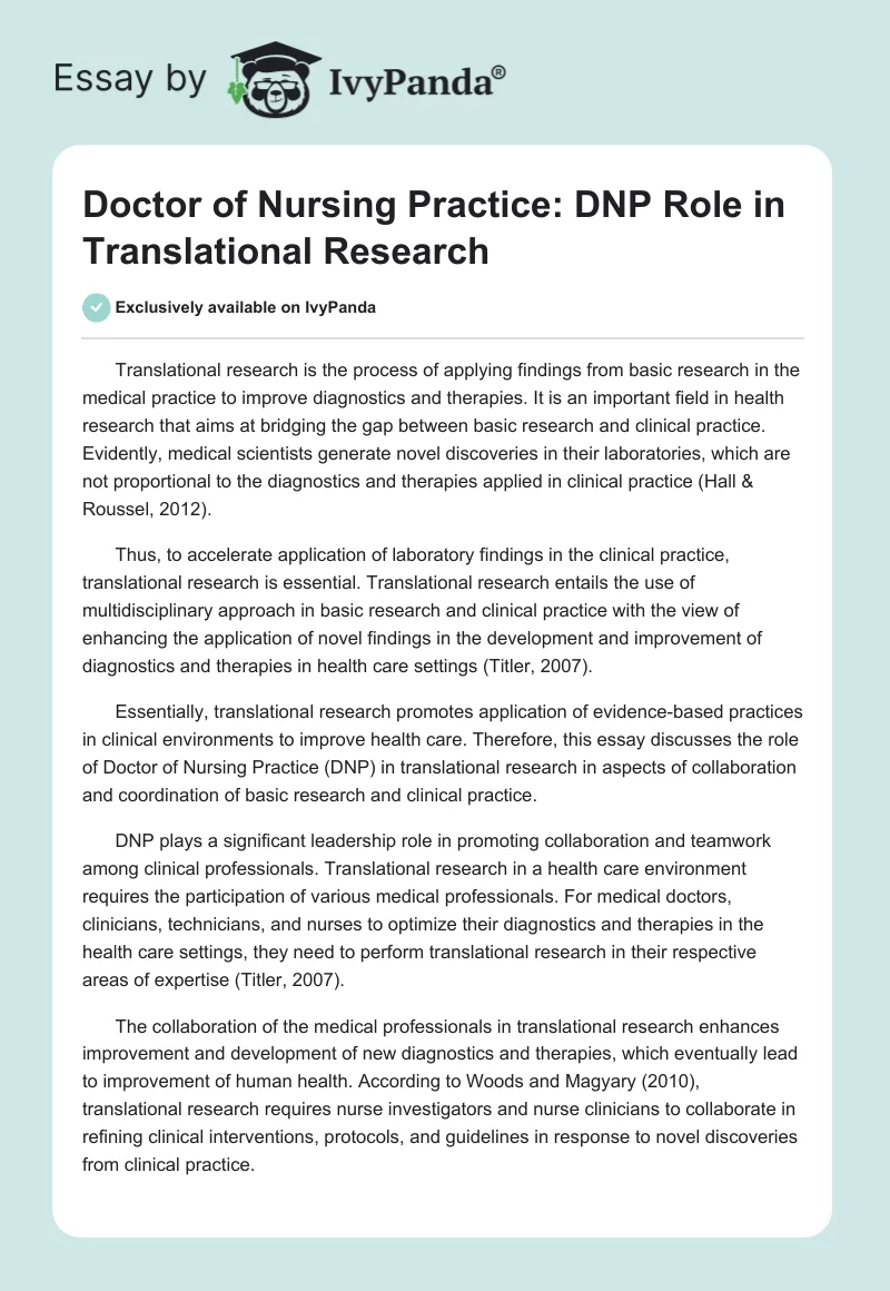 Doctor of Nursing Practice: DNP Role in Translational Research. Page 1