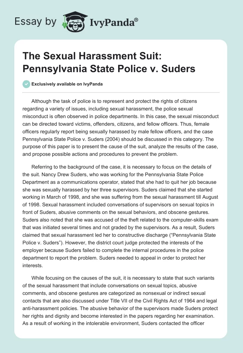 The Sexual Harassment Suit: Pennsylvania State Police vs. Suders. Page 1