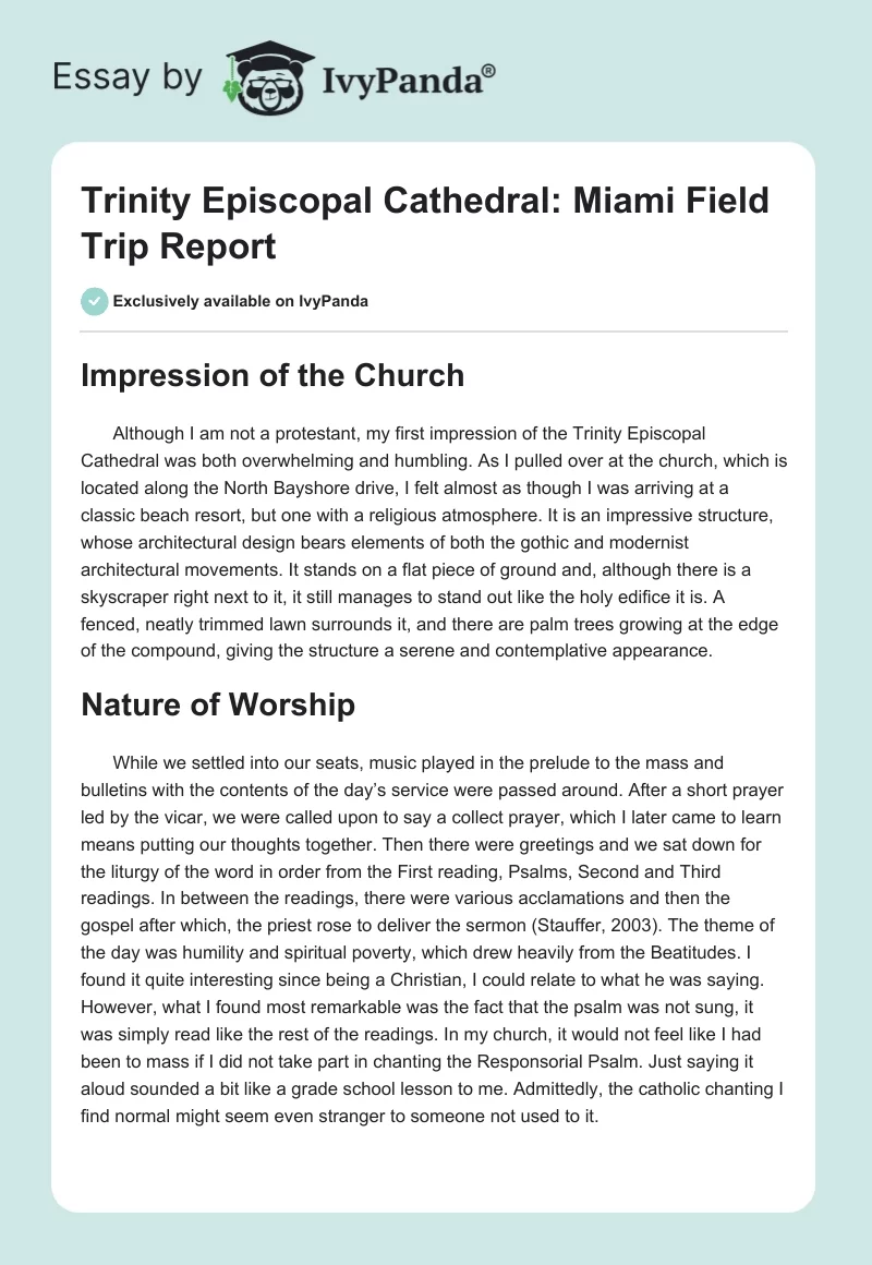 Trinity Episcopal Cathedral: Miami Field Trip Report. Page 1
