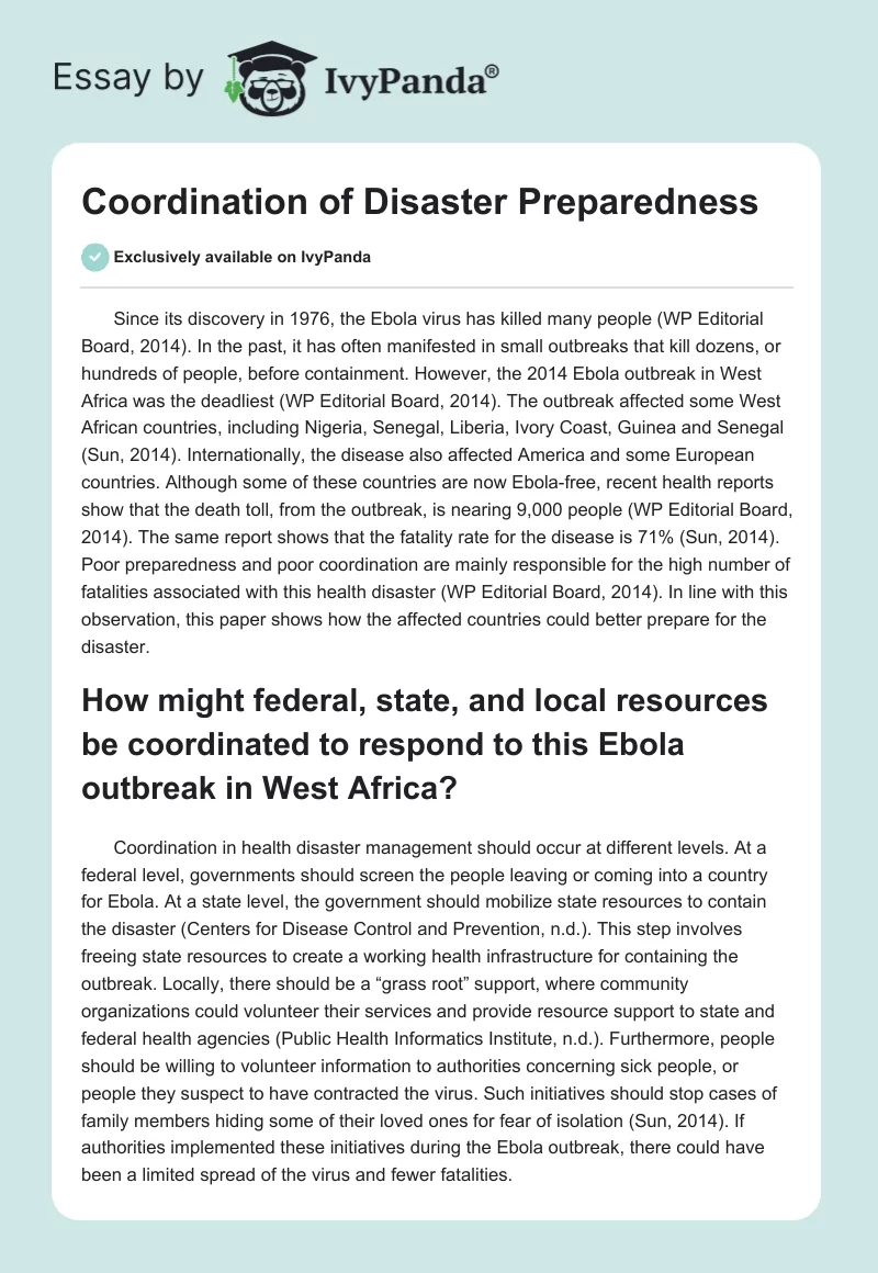 Coordination of Disaster Preparedness. Page 1