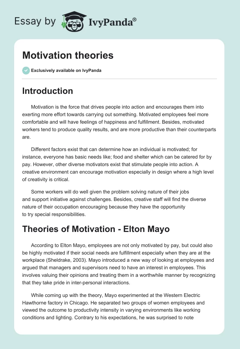 Motivation Theories. Page 1