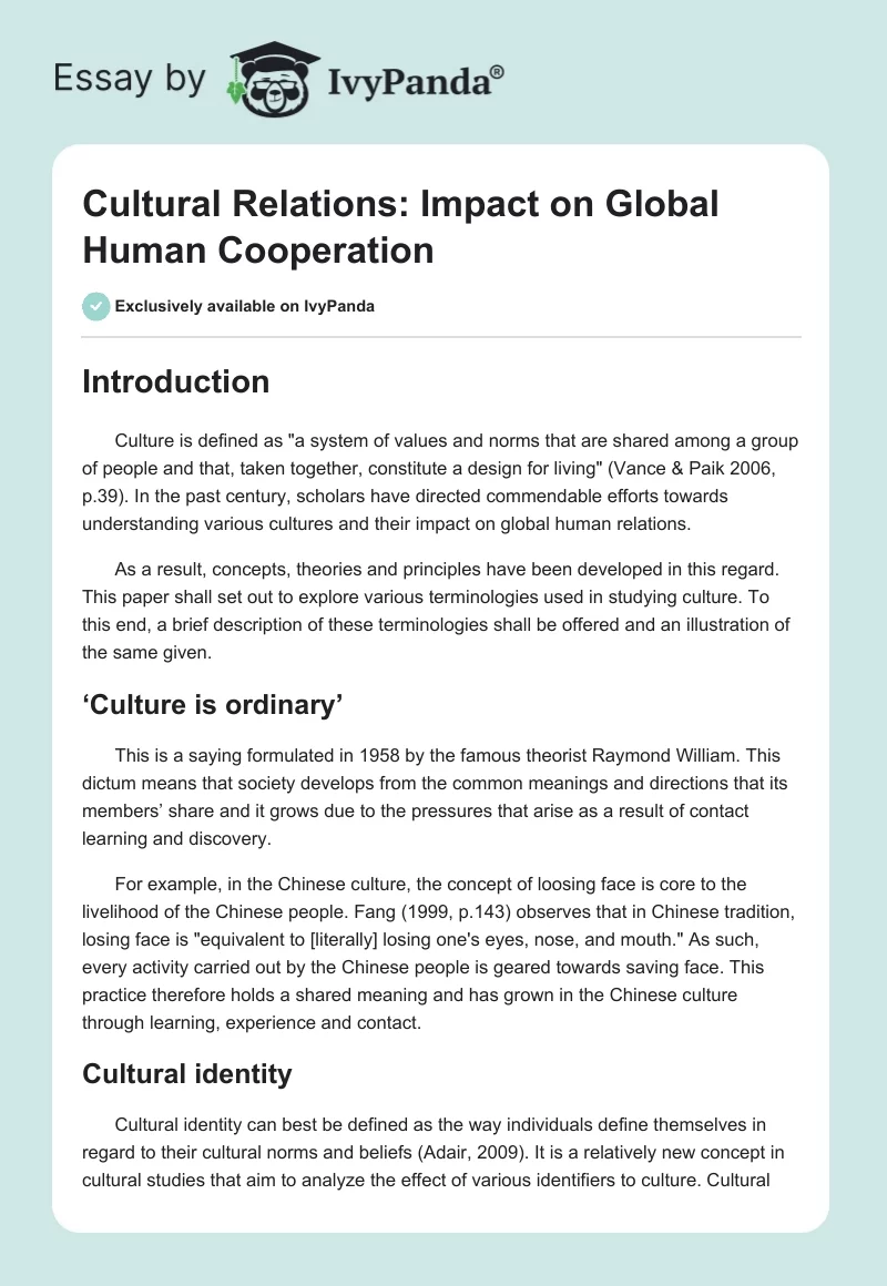 Cultural Relations: Impact on Global Human Cooperation. Page 1