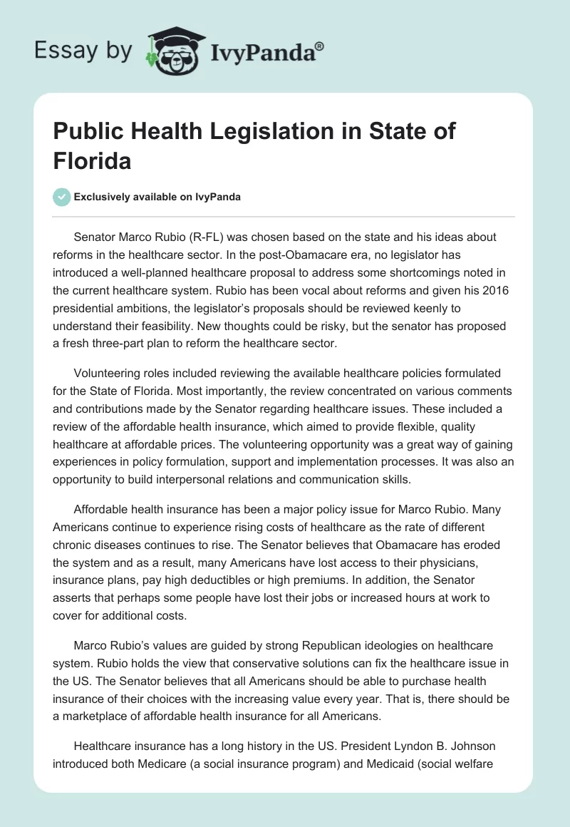 Public Health Legislation in State of Florida. Page 1