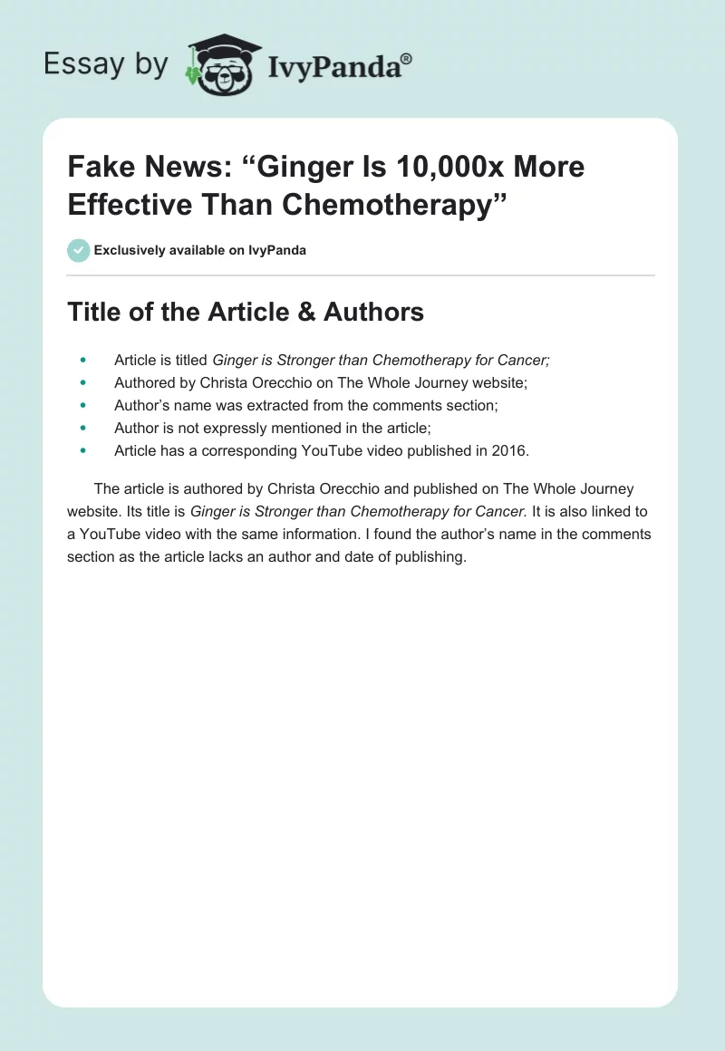 Fake News: “Ginger Is 10,000x More Effective Than Chemotherapy”. Page 1
