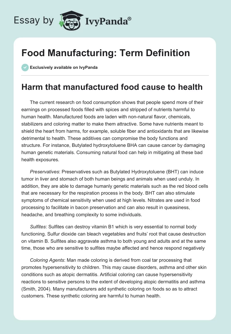 Food Manufacturing: Term Definition. Page 1