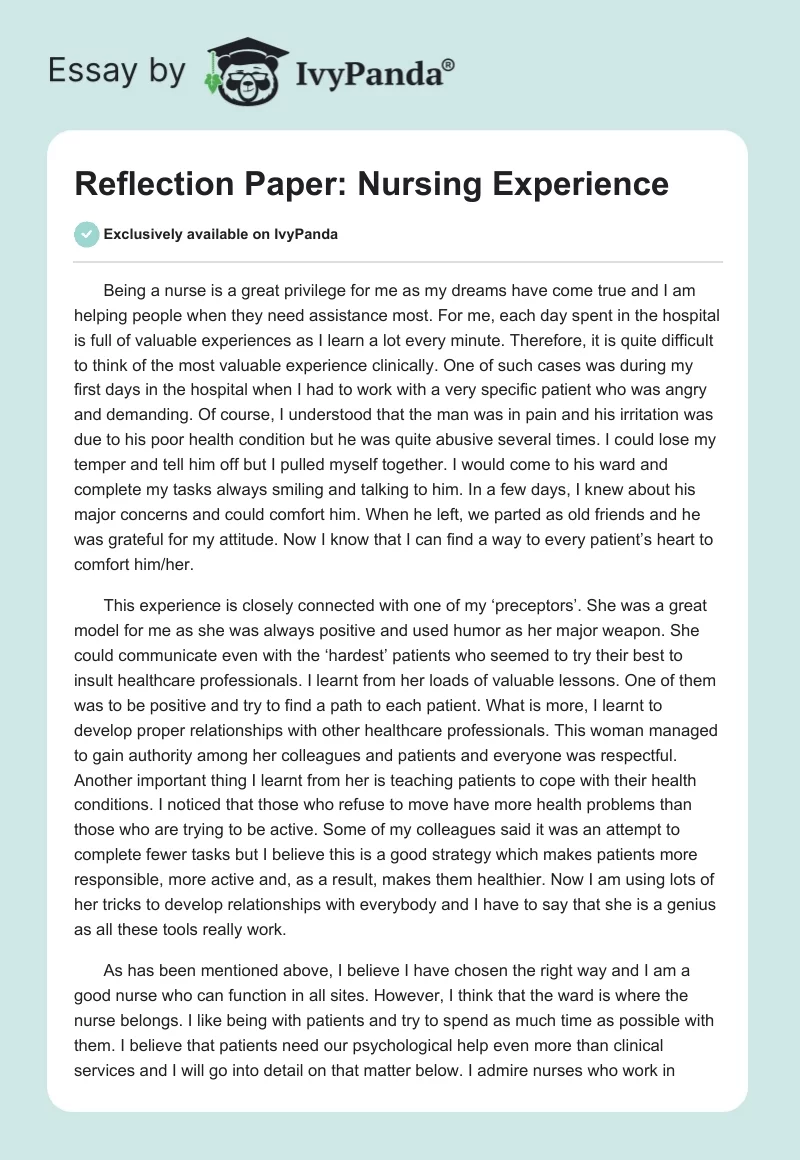 Reflection Paper: Nursing Experience. Page 1
