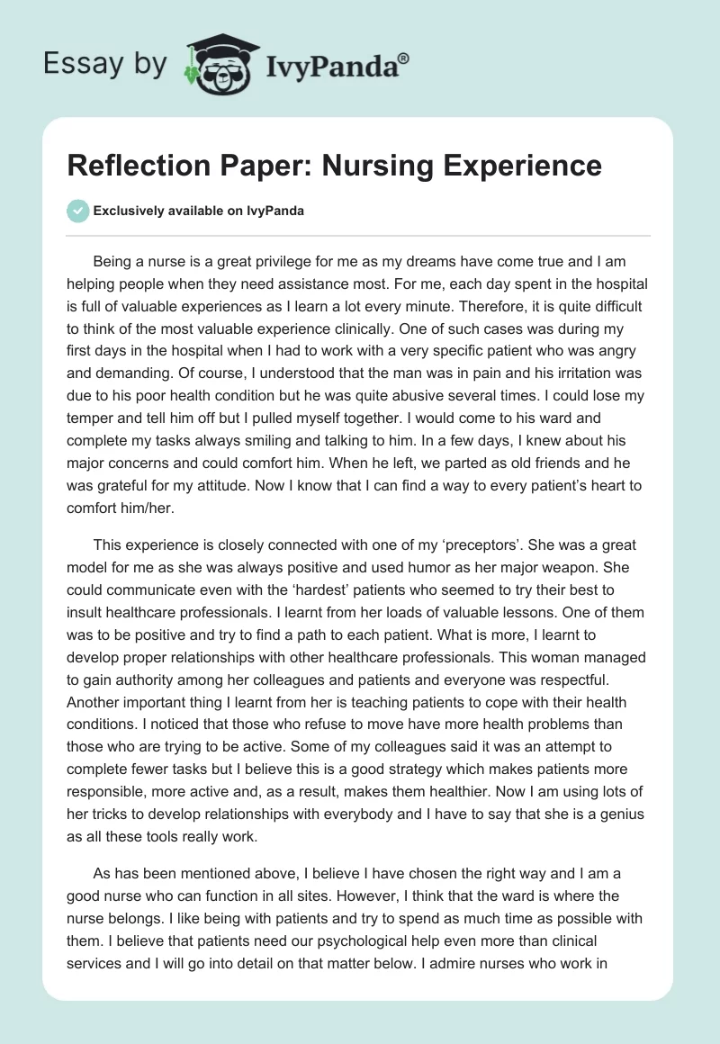 Reflective paper on nursing: [Essay Example], 1727 words GradesFixer