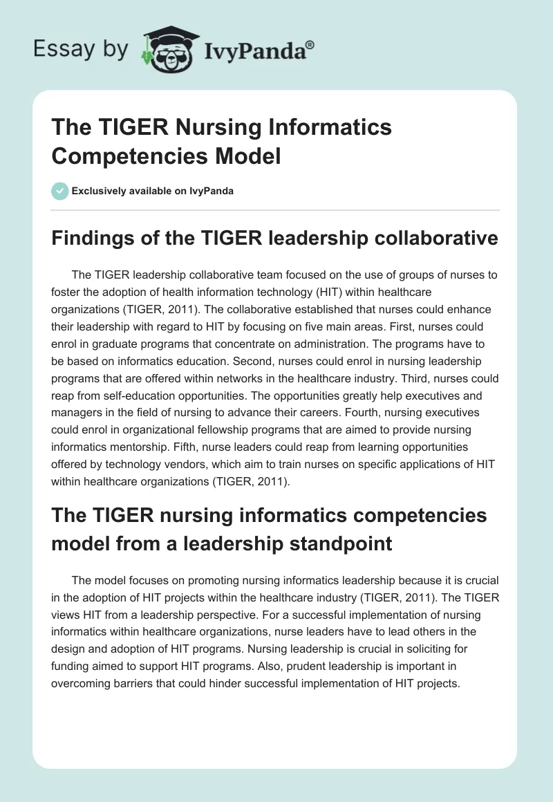 The TIGER Nursing Informatics Competencies Model. Page 1