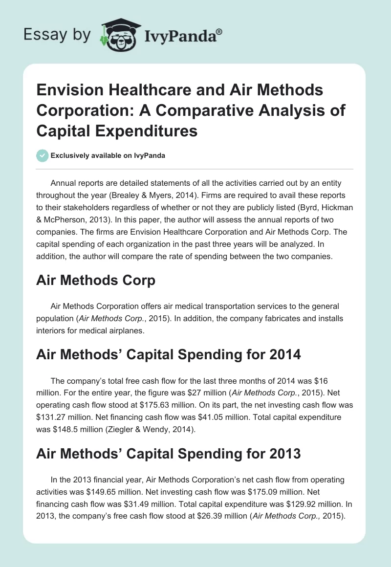 Envision Healthcare and Air Methods Corporation: A Comparative Analysis of Capital Expenditures. Page 1