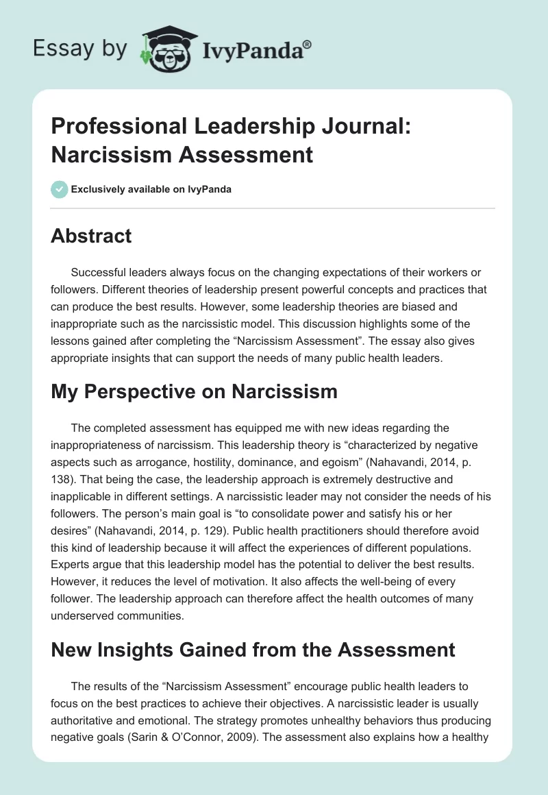 Professional Leadership Journal: Narcissism Assessment. Page 1
