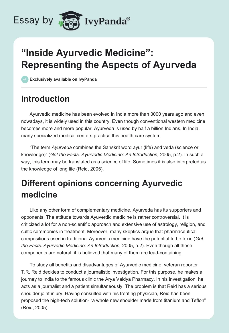“Inside Ayurvedic Medicine”: Representing the Aspects of Ayurveda. Page 1