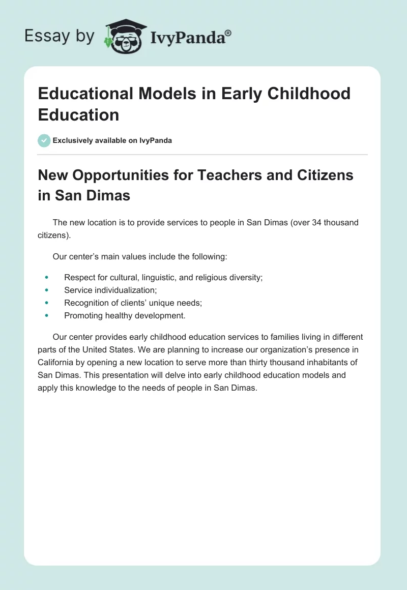 Educational Models in Early Childhood Education. Page 1