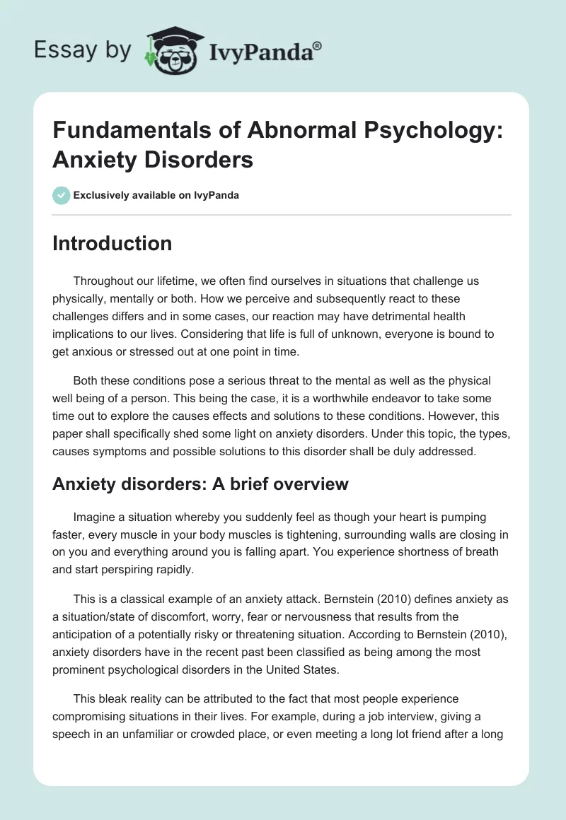 Fundamentals of Abnormal Psychology: Anxiety Disorders. Page 1